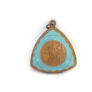 Antique Enameled Blue Triangular Etched Copper (?) Locket Pendant